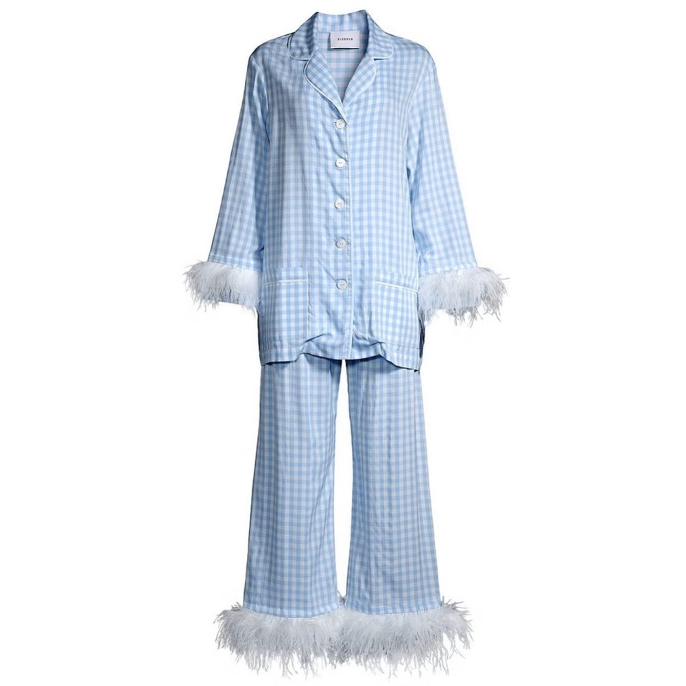 Sleeper NTW 2 piece blue gingham ostrich feather pajamas